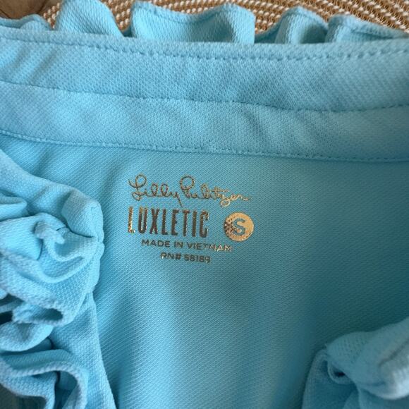 Lilly Pulitzer Polo Top Women's Size Small Frida Ruffle Turquoise Luxletic - Picture 3 of 4